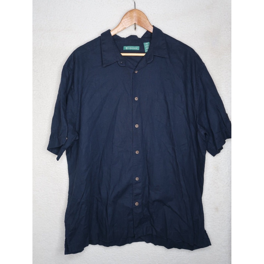 Cubavera Linen Cotton Shirt Mens XXL Navy Blue Short Sleeve Button Up Casual EUC